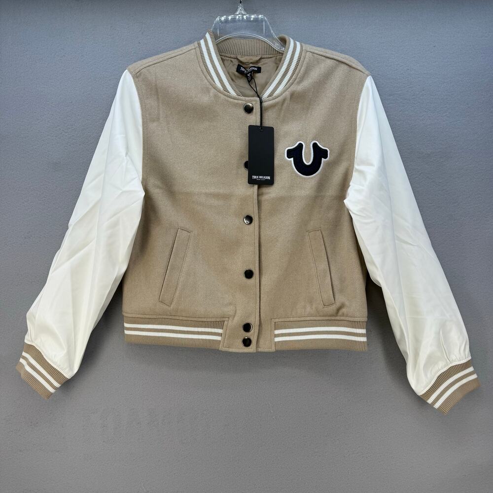 NWT True Religion True Varsity Jacket Women's L Tan White Preppy Y2k 600011